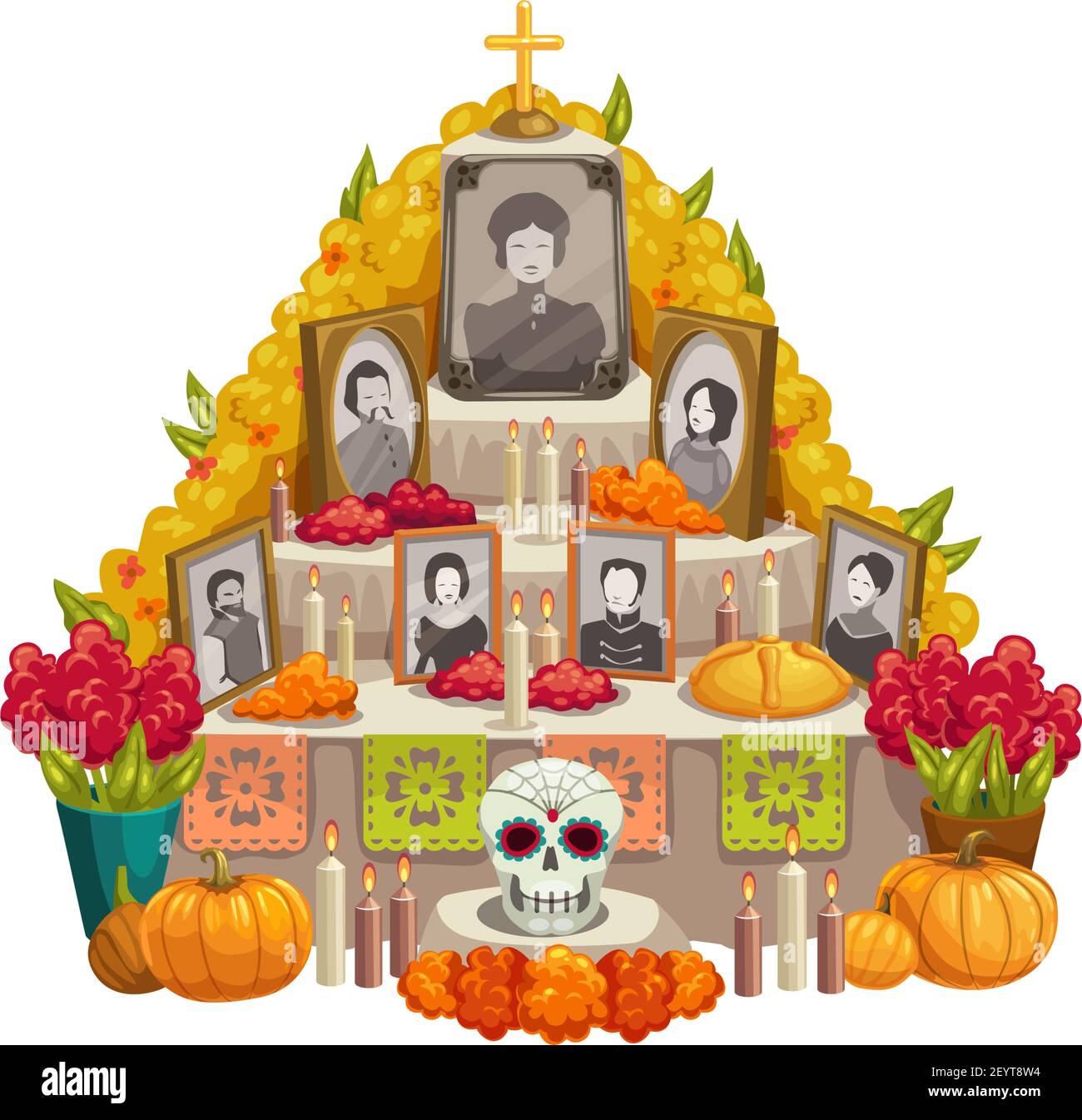 Autel dia de los muertos avec offrandes au jour de mort isolé. Photos de famille vectorielles, citrouilles et fleurs Illustration de Vecteur