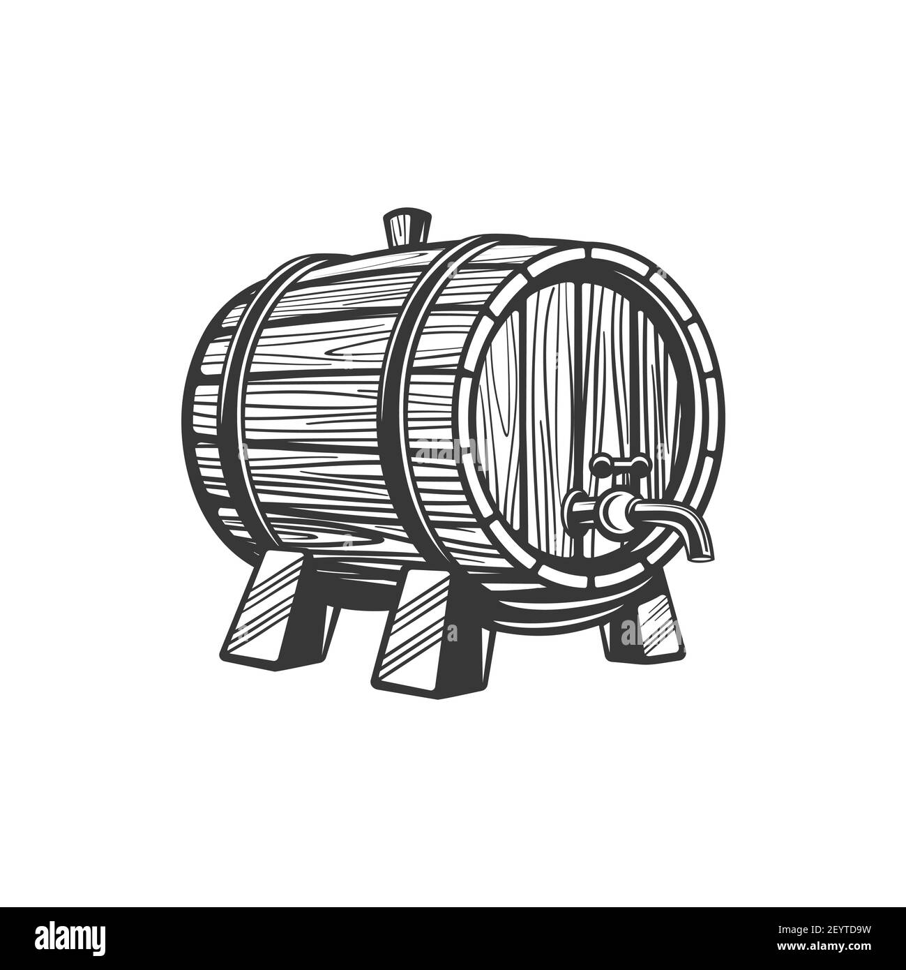 Baril avec robinet, vin ou bière boissons KEG isolé icône monochrome. Réservoir Vector avec produits vinicoles, contenant rétro sur support en bois, fût en chêne. Fût W Illustration de Vecteur