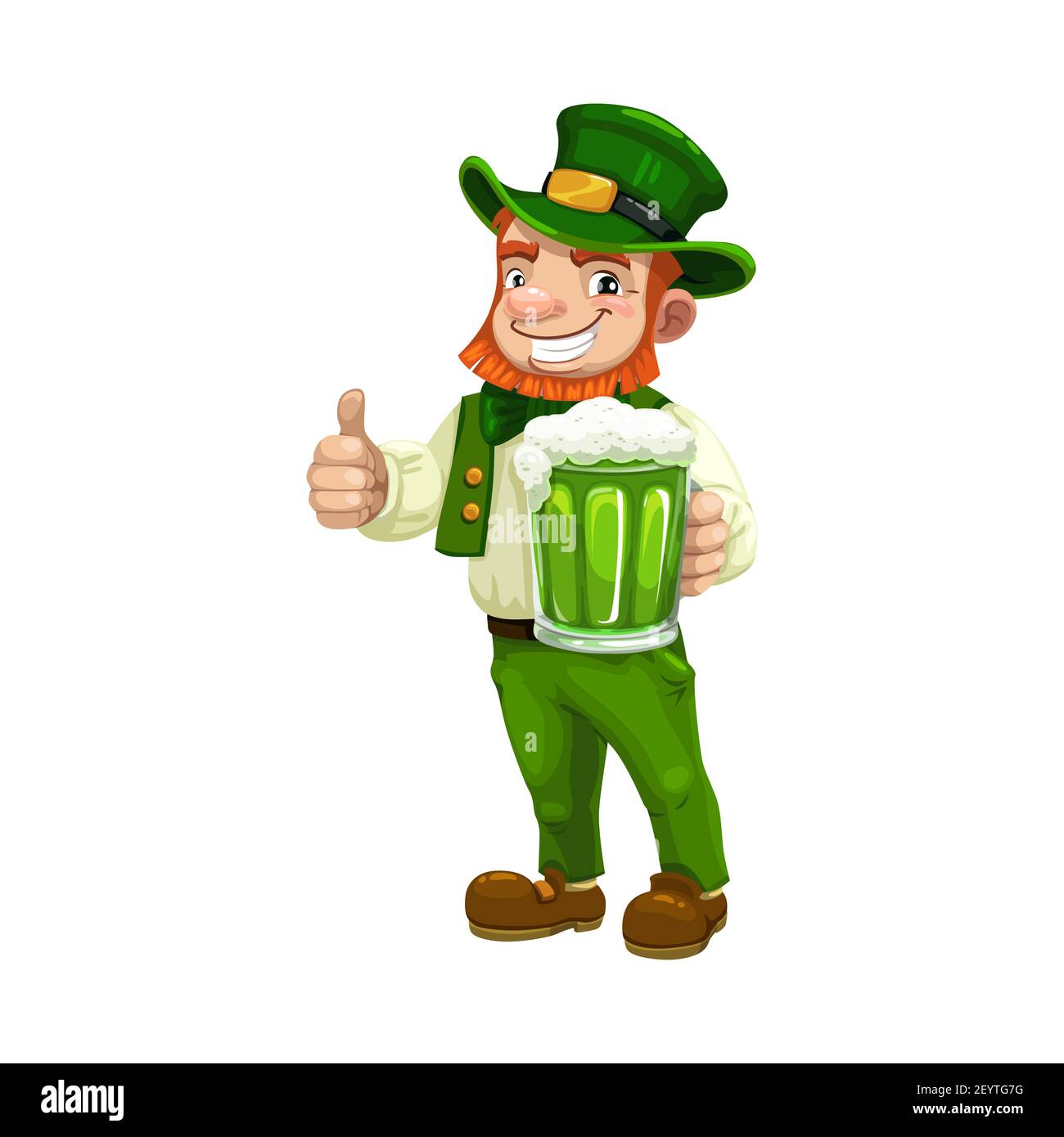 Leprechun irlandais en costume vert et chapeau montrant le signe ok isolé. Symbole de la Saint-Patrick Vector avec une tasse de bière Illustration de Vecteur