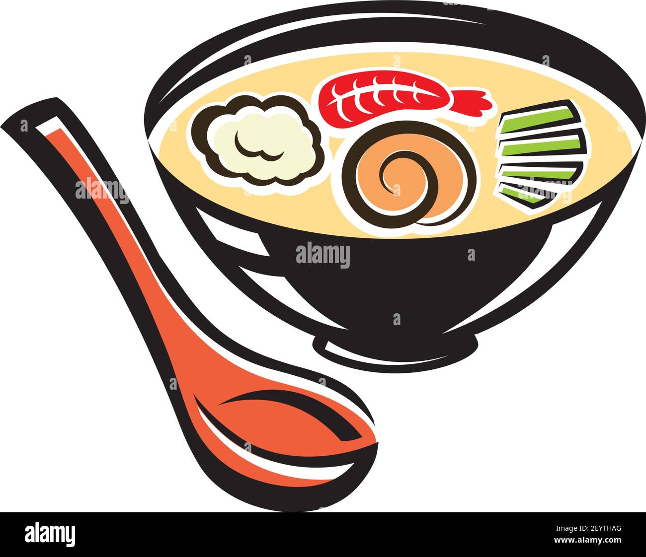 Soupe japonaise avec crevettes et riz isolés. Bol et cuillère Vector, plat chaud avec oignon vert Illustration de Vecteur