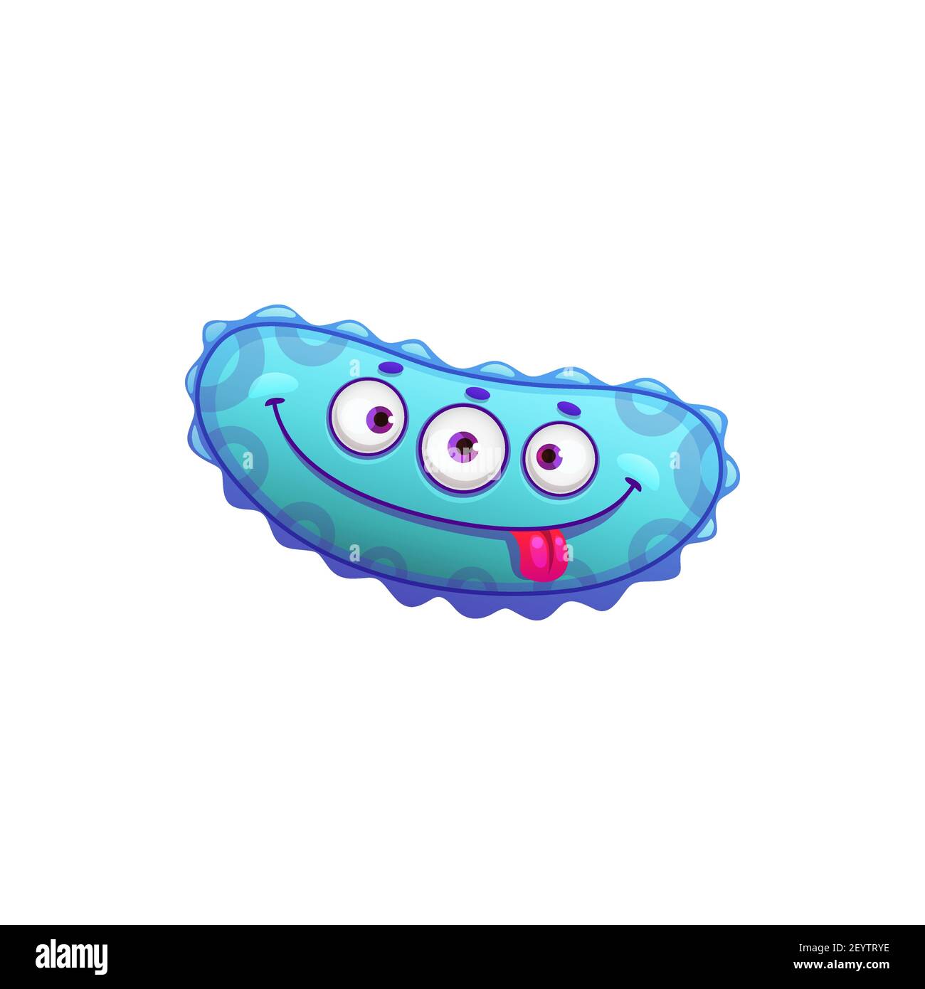Virus oblong avec trois yeux, infection monstre de la langue de la rage isolé bleu caricature bactéries. Vecteur bactéries mutant, effrayant germe dangereux, infec grippe Illustration de Vecteur