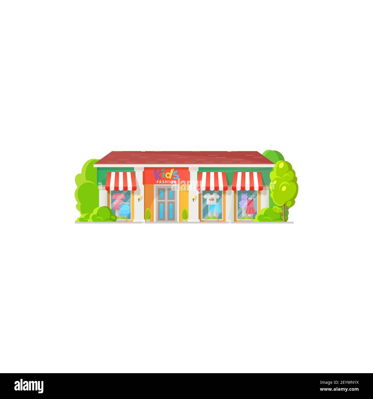 Magasin façade extérieur, vêtements mode pour enfants magasin plat dessin animé modèle isolé icône. Salle d'exposition de mode Vector avec vêtements pour bébés et adolescents, luxe Illustration de Vecteur