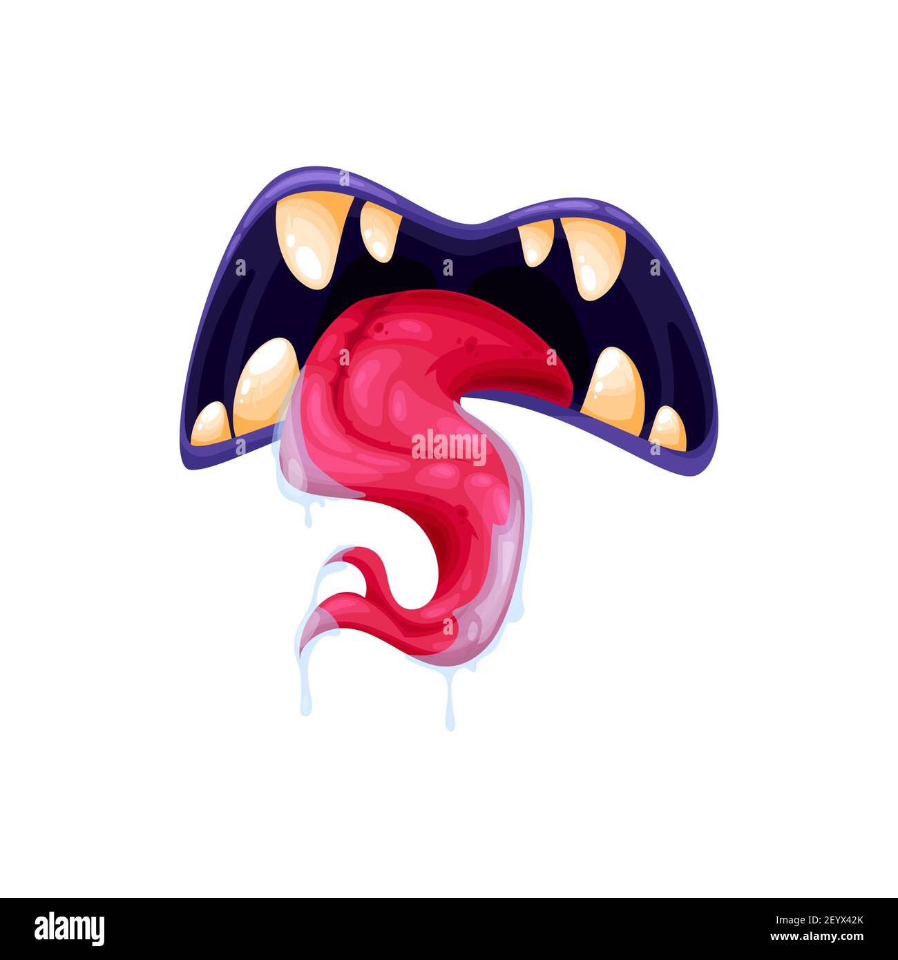 Icône de vecteur de bouche de monstre, mâchoires créepy avec une longue langue et des dents jaunes, créature d'Halloween, maw de roar d'extraterrestre ou de diable isolée sur le backgro blanc Illustration de Vecteur