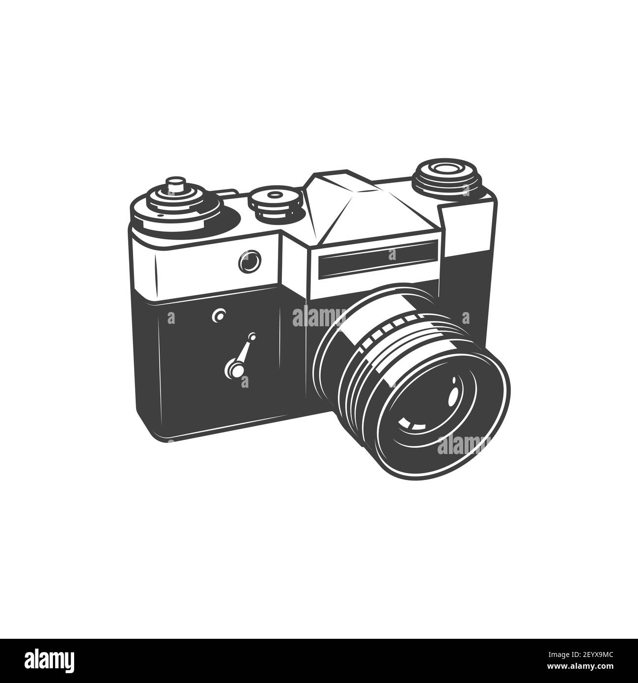 Ancien appareil photo, équipement de photographie icône monochrome isolée. Caméra analogique vectoriel vintage avec objectif pliable ou objet-verre, photographe i Illustration de Vecteur