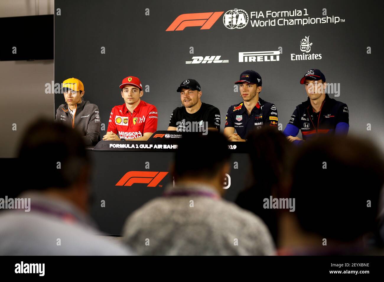 Conférence de presse NORRIS Lando (gbr), McLaren Renault F1 MCL34, LECLERC Charles (mco), Scuderia Ferrari SF90, BOTTAS Valtteri (fin), Mercedes AMG F1 GP W10 Hybrid EQ Power+, GASLY Pierre (fra), Aston Martin Red Bull Racing Honda RB15, ALBON Alexander (tha), Scuderia Torso Honda R14, Roso Portrait lors du championnat du monde de Formule 1 de la FIA 2019, Grand Prix de Bahreïn, à Sakhir du 29 au 31 mars - photo DPPI Banque D'Images