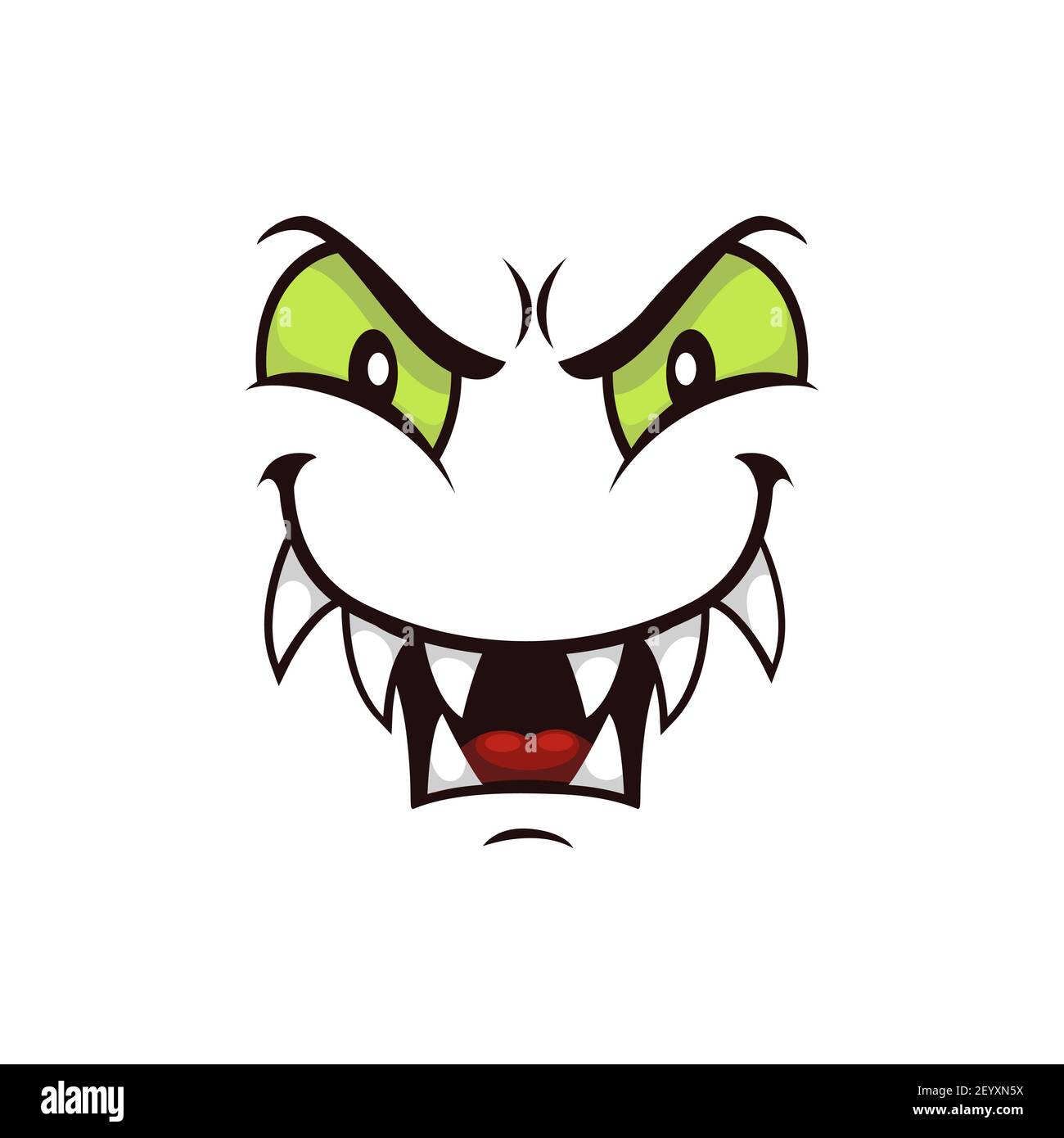 Icône représentant un vecteur de dessin animé face à un monstre, émotion de créature créepée avec un sourire aux lèvres prédatrice, yeux verts et bouche crasseuse. Halloween fantôme, extraterrestre ou Illustration de Vecteur