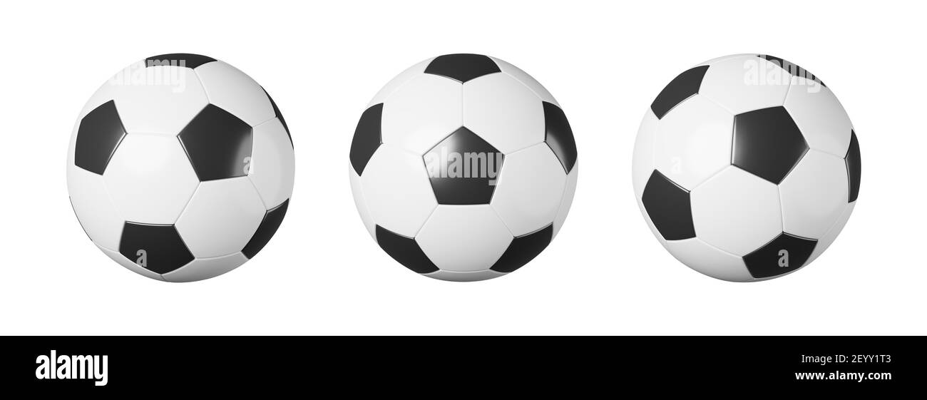 Ensemble de ballon de football ou de football avec une vue différente sur fond blanc isolé . Conception simple . Concept d'équipement sportif . Rendu 3D . Banque D'Images
