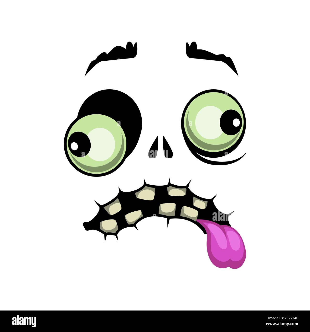 Zombie visage emoji isolé vecteur icône, monstre de dessin animé avec l'oeil abandonné et la langue rose. Halloween créature, drôle d'émotion avec craepy mou Illustration de Vecteur