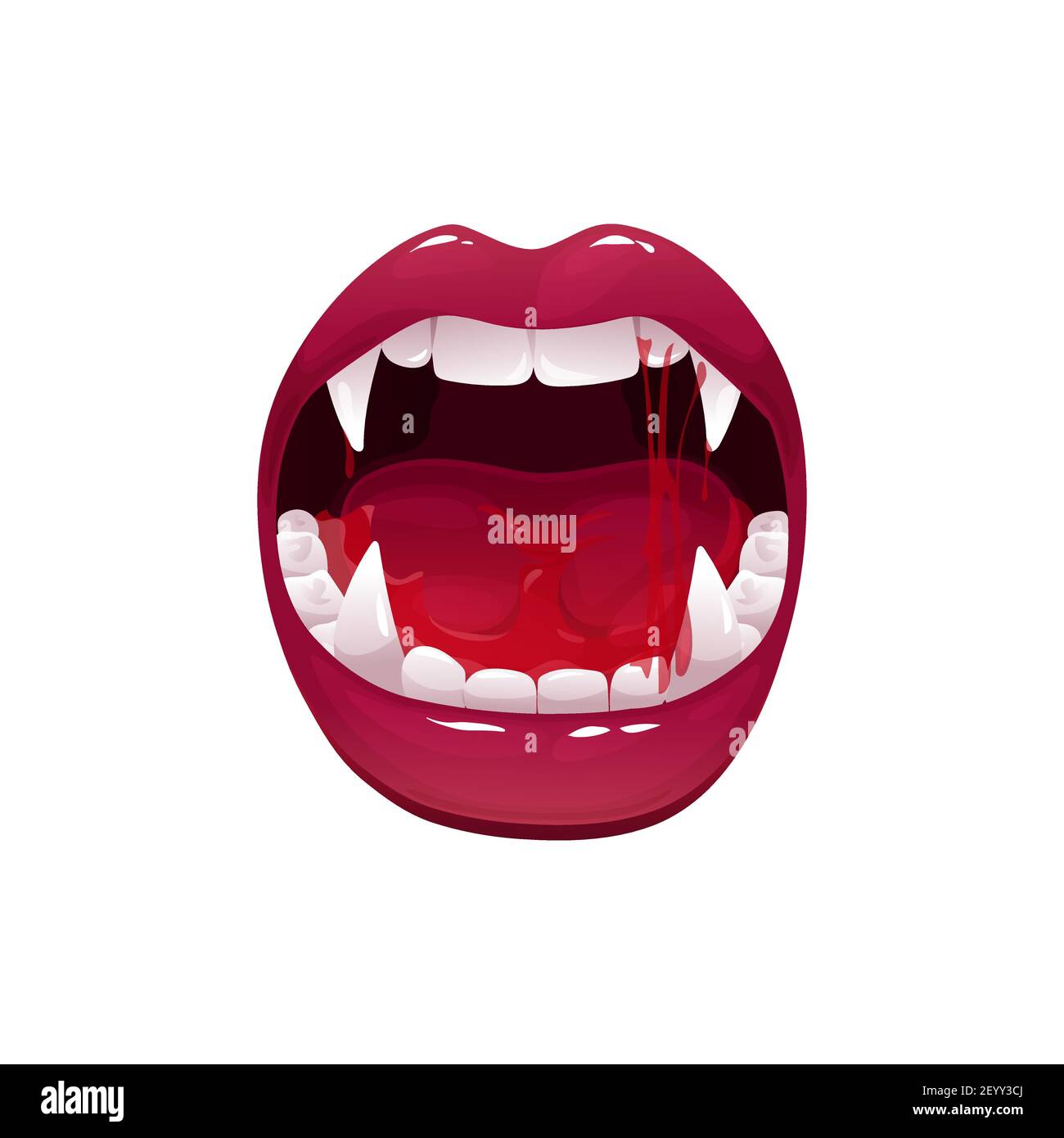 Vampire bouche avec fangs vecteur icône. Caricature ouverte femelle lèvres rouges avec de longues dents pointues et sanglant goutte de salive, monstre mâchoires roar ou yell expre Illustration de Vecteur