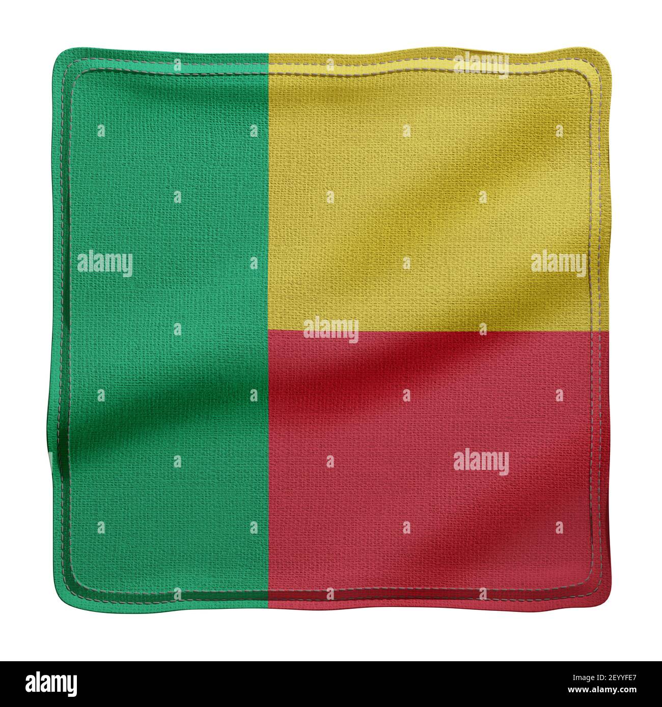 Rendu 3d d'un drapeau national Bénin en tissu texturé isolé sur fond blanc. Banque D'Images
