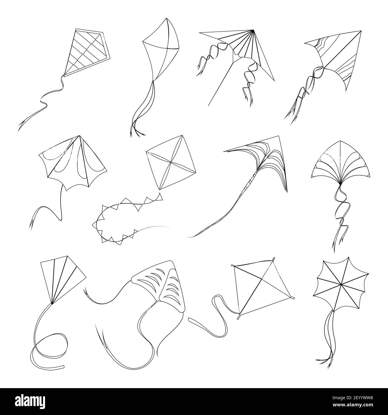 Kite Fly style linéaire à sankranti makar, linestyle course enfants jouets divers forme et forme, haut vol extérieur, actif hobby jouet divertissement. Vect Illustration de Vecteur