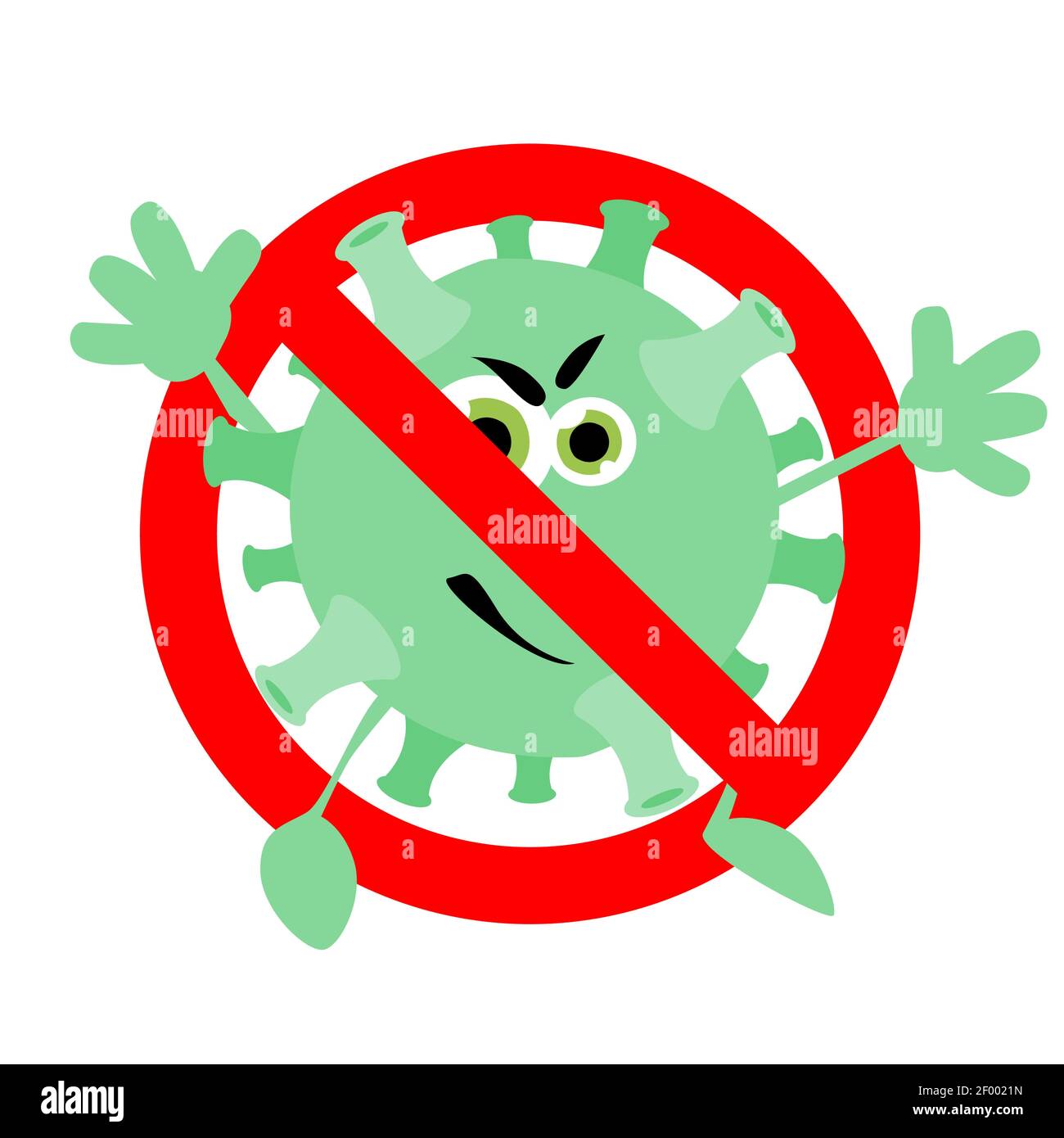 Interdiction caractère coronavirus, pas de bannière infectée, interdiction de la maladie microbe avec les yeux, avertissement covid-19 et pneumonie, illustration vectorielle Illustration de Vecteur