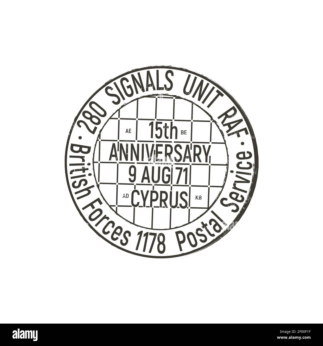 Icône monochrome isolée du timbre rond du service postal. Marque vectorielle dédiée au 15e anniversaire de Chypre, signe postal des Forces britanniques avec date. Templa Illustration de Vecteur