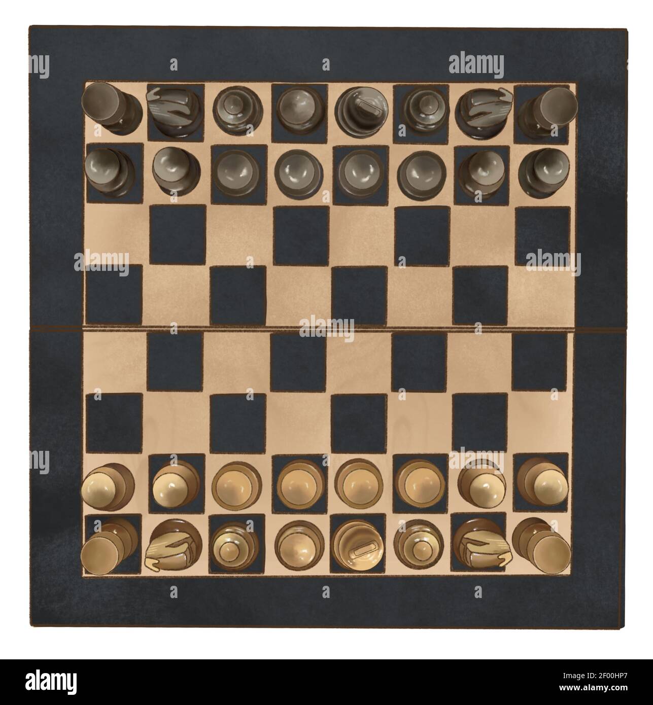 Jeu d'échecs en bois avec pièces en bois d'échecs isolées sur blanc. Vue de dessus. Banque D'Images