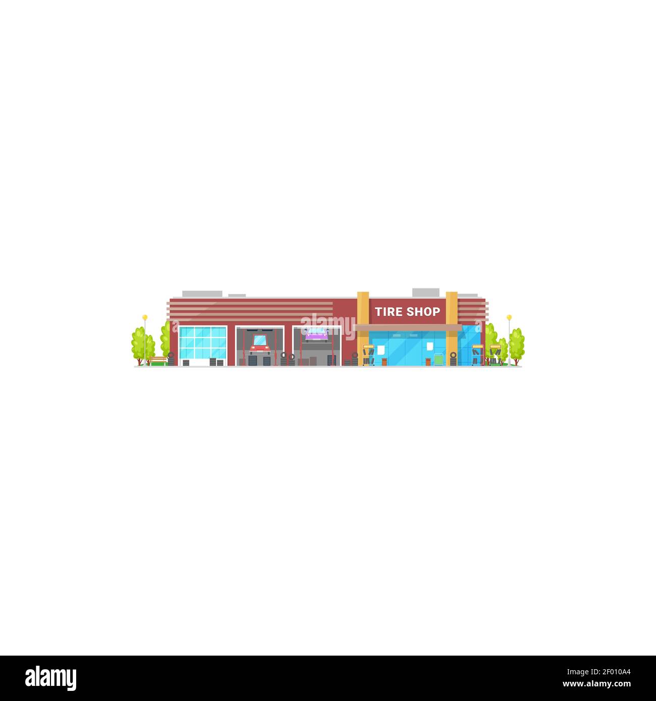 Centre d'entretien et de réparation de voitures, bâtiment d'atelier de pneus isolé. Magasin de pièces de rechange pour véhicules Vector, poste d'atelier de mécanicien. Réparation et diagnostic de transport Illustration de Vecteur