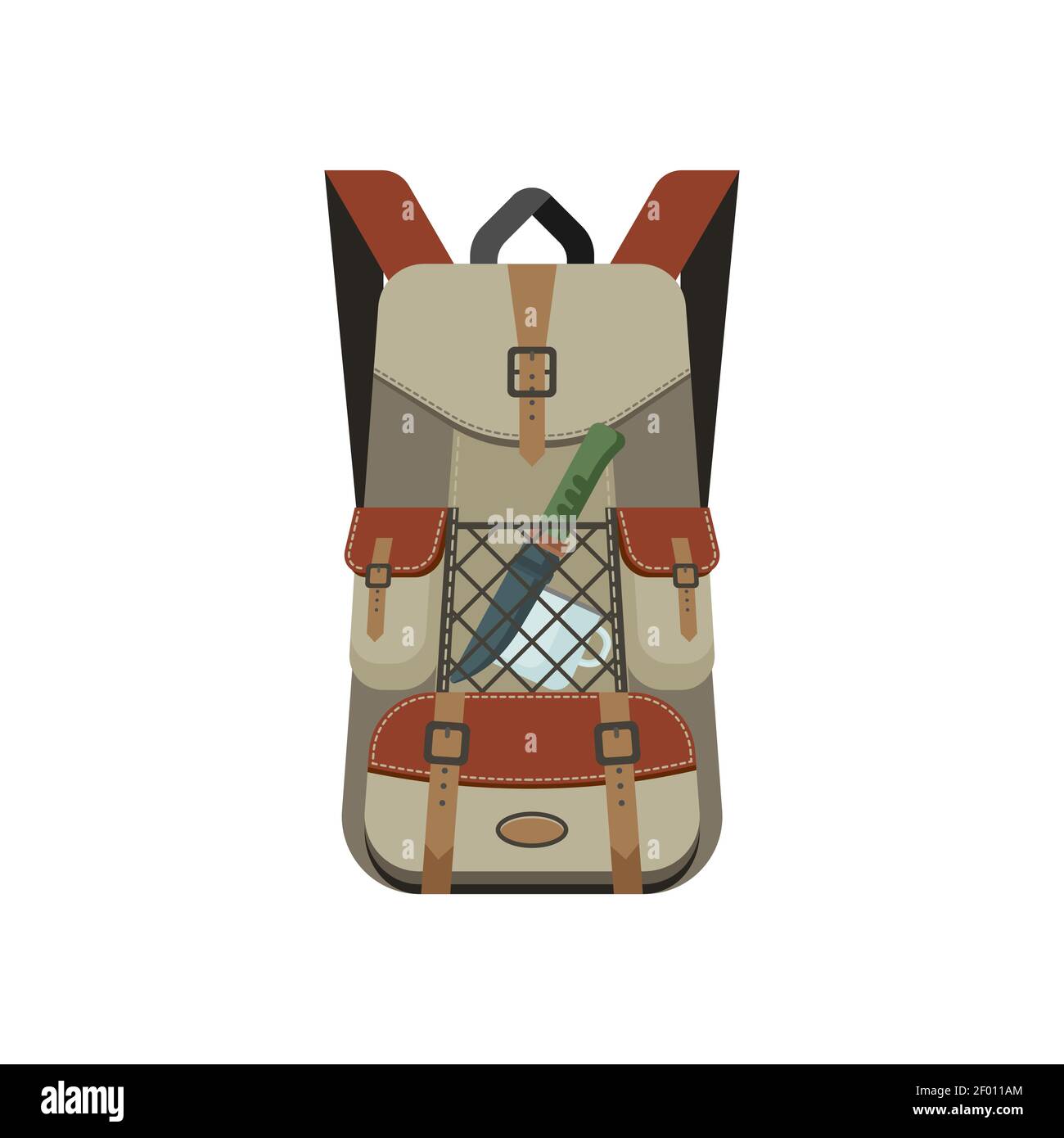 Sac à dos de voyage avec équipement de randonnée, couteau et tasse en métal ou mug dans un équipement de camping isolé de poche. Vector touriste hersack, backpacking récréation Illustration de Vecteur