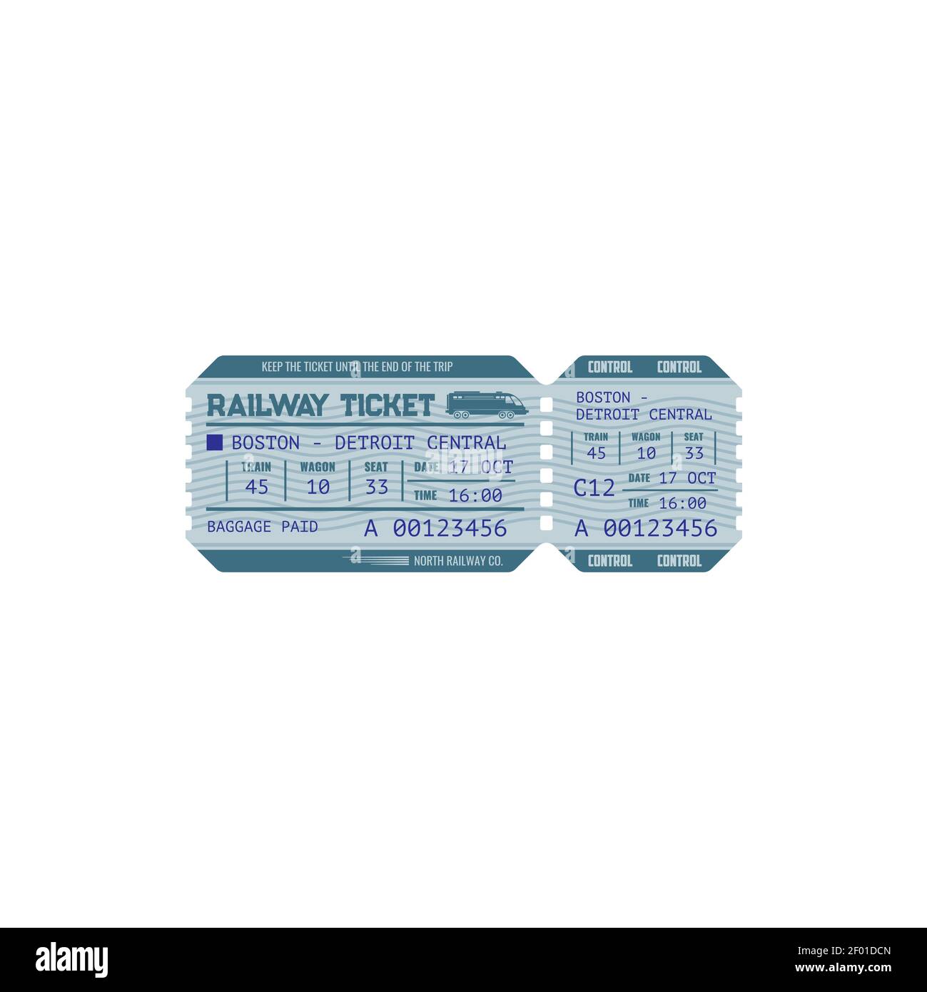 Billet de chemin de fer de Boston à l'icône de maquette isolée de Detroit. Billet de chemin de fer Vector, coupon avec élément de contrôle de dégonflage. Gare centrale pap Illustration de Vecteur