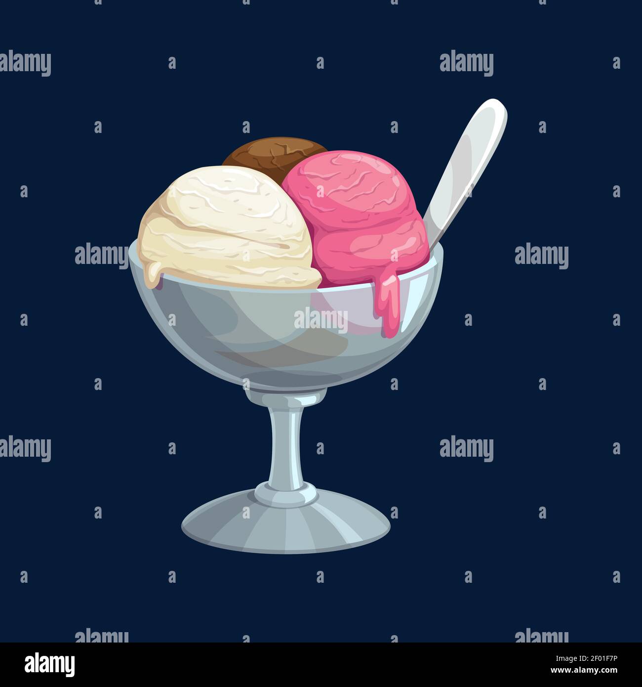 Dessert d'été glace vanille, chocolat et boules de fraises dans un bol en verre icône réaliste isolée. Vector trois boules de glace et cuillère. Été de Illustration de Vecteur