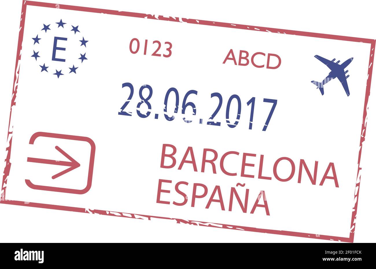 Timbre d'arrivée officiel à l'aéroport de Barcelone isolé. Cachet, avion et date de départ de l'immigration vectorielle Illustration de Vecteur