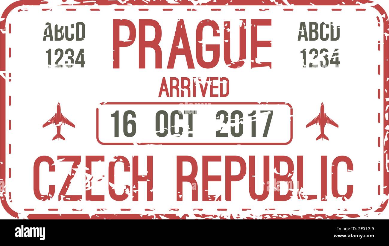 Timbre d'arrivée à Prague, République tchèque sceau isolé dans le passeport. Vecteur de voyage en avion, signe officiel de l'immigration Illustration de Vecteur
