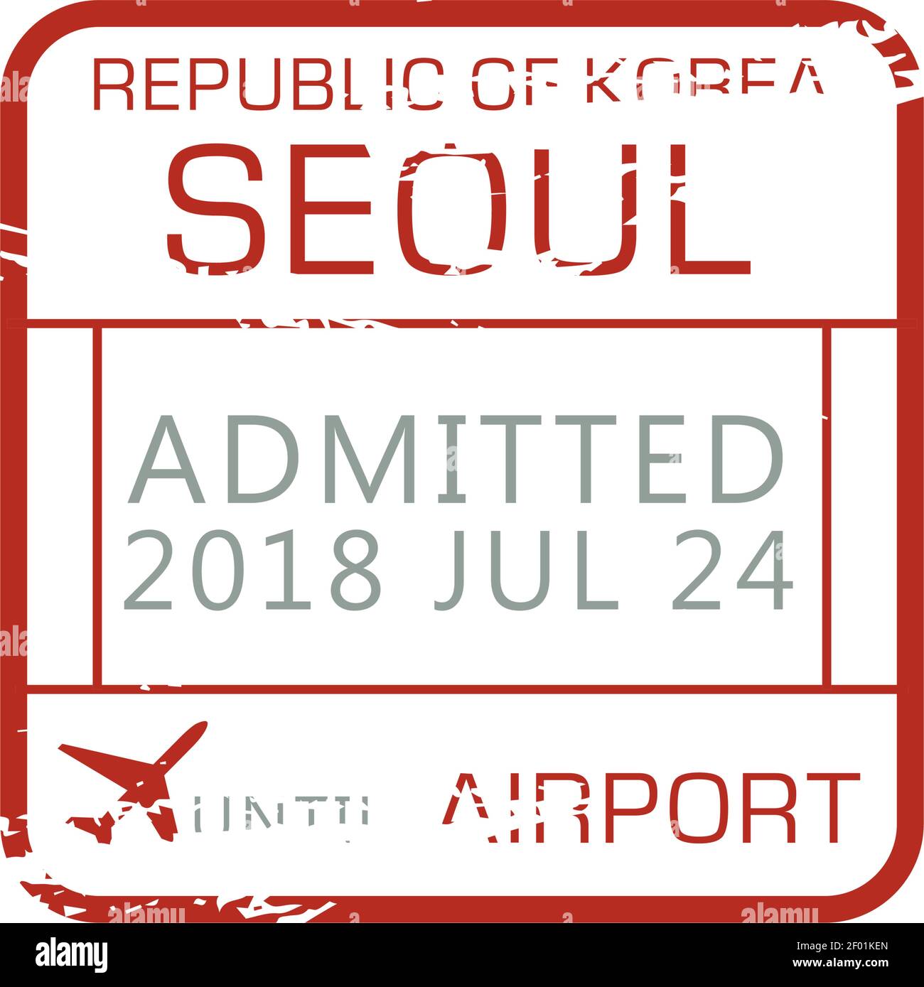 Séoul a admis le timbre, le contrôle aux frontières aéroportuaires de la République de Corée. Panneau d'immigration vectoriel, tampon d'encre en caoutchouc avec données, étiquette avec avion. Nous sommes arrivés à K Illustration de Vecteur