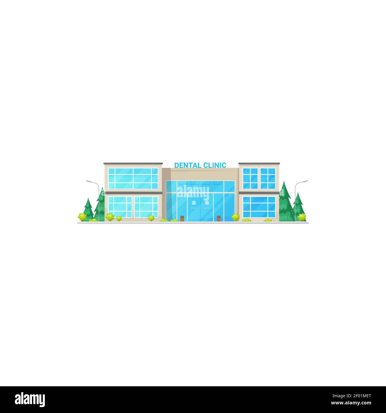 Clinique dentaire façade extérieur isolé centre de soins dentaires. Centre de médecine dentaire Vector, ambulance stomatologie, lampadaires et arbres. Construction médicale Illustration de Vecteur