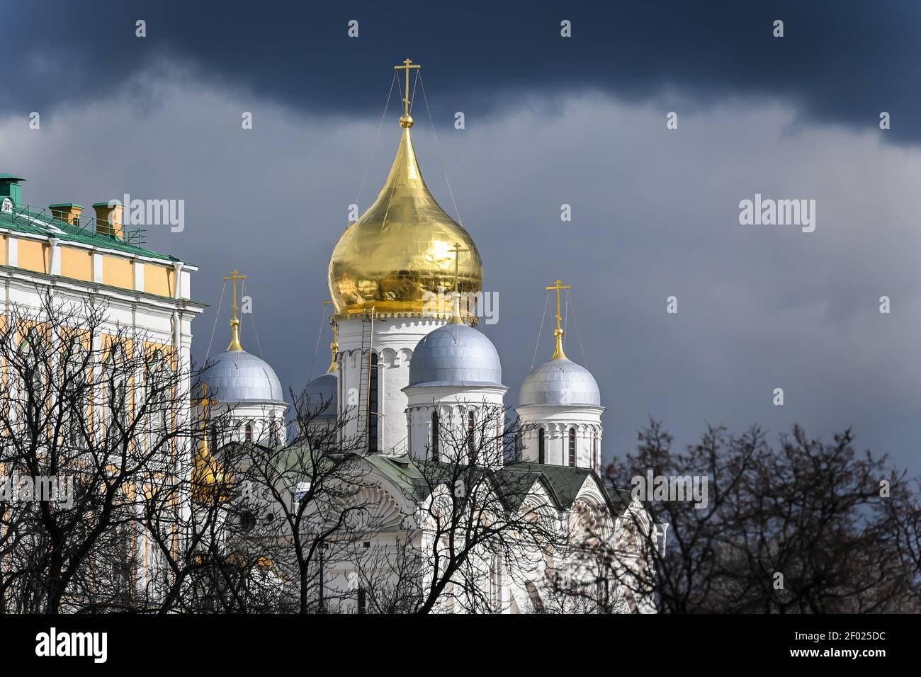Cathédrales du Kremlin. Dômes dorés de temples en pierre blanche. Banque D'Images