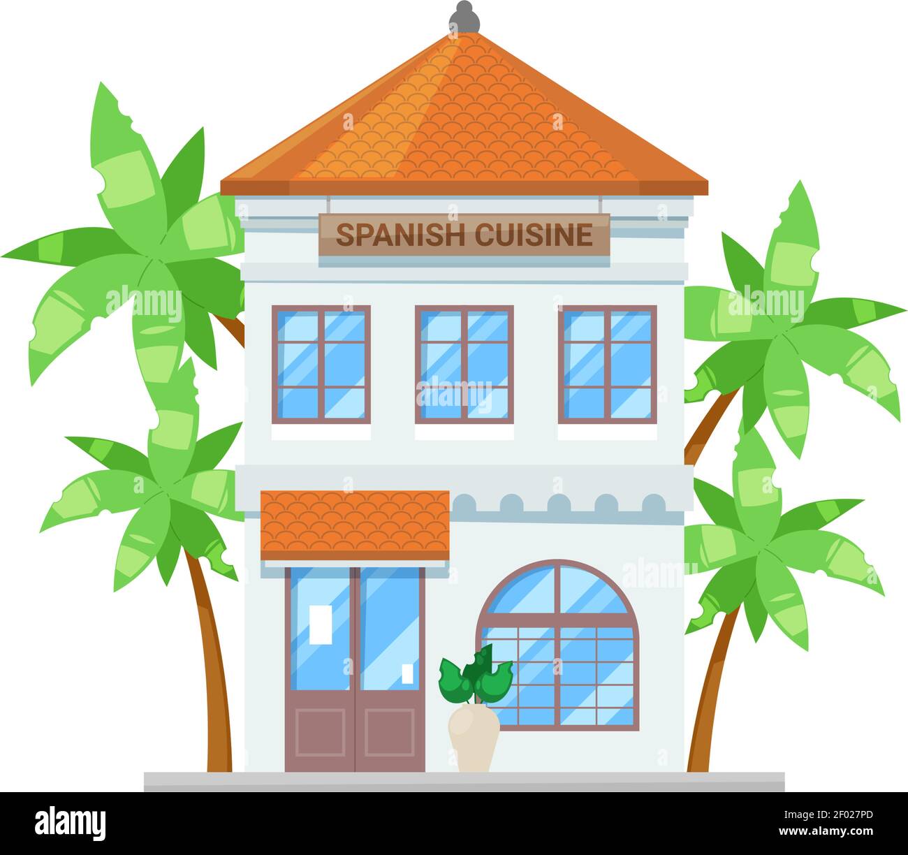 Restaurant de cuisine espagnole, bâtiment isolé et palmiers. Façade extérieure du café-bistro Vector Illustration de Vecteur