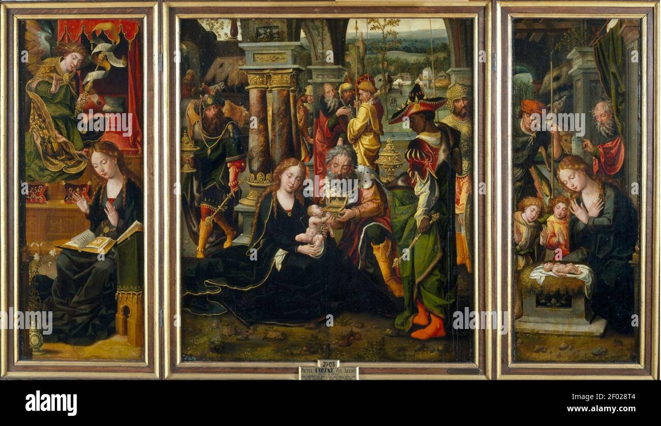 Pieter Coecke van Aelst - l'Annonciation, l'adoration des Mages, l'adoration des bergers et des Anges. Banque D'Images Pieter Coecke van Aelst - l'Annonciation, l'adoration des Mages, l'adoration des bergers et des Anges. Banque D'Images