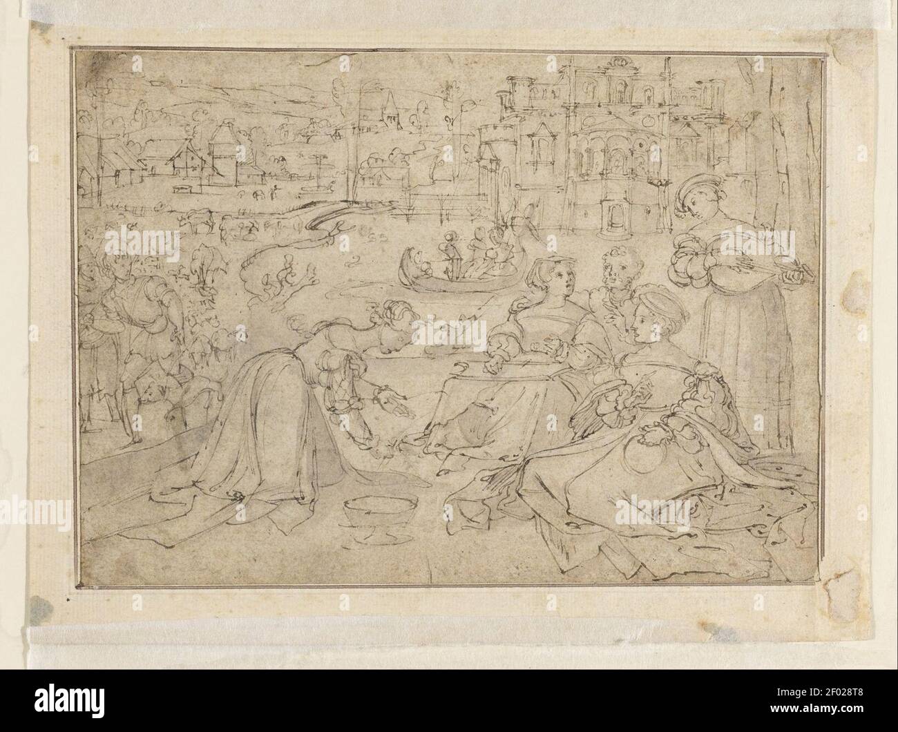 Pieter Coecke van Aelst - Recto- le mois d'avril (Figures dans un parc près d'un château); Verso- Jeunesse des trois âges de Man.. Banque D'Images Pieter Coecke van Aelst - Recto- le mois d'avril (Figures dans un parc près d'un château); Verso- Jeunesse des trois âges de Man.. Banque D'Images