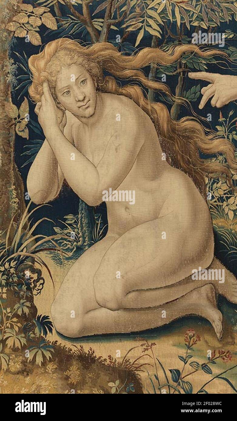 Pieter Coecke van Aelst - détail d'Eve, de Dieu accuse Adam et Eve après la chute. Banque D'Images Pieter Coecke van Aelst - détail d'Eve, de Dieu accuse Adam et Eve après la chute. Banque D'Images