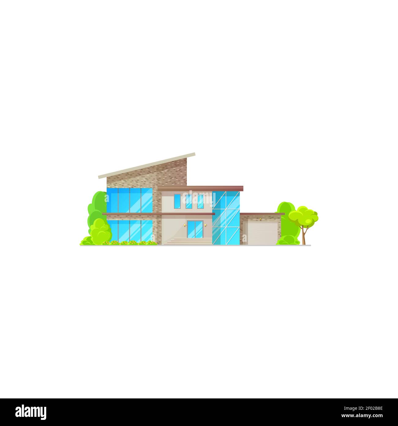 Extérieur de la maison, fenêtres panoramiques et arbres verts, portes de garage icône isolée. Chalet moderne Vector, maison de campagne contemporaine, maison futuriste Illustration de Vecteur