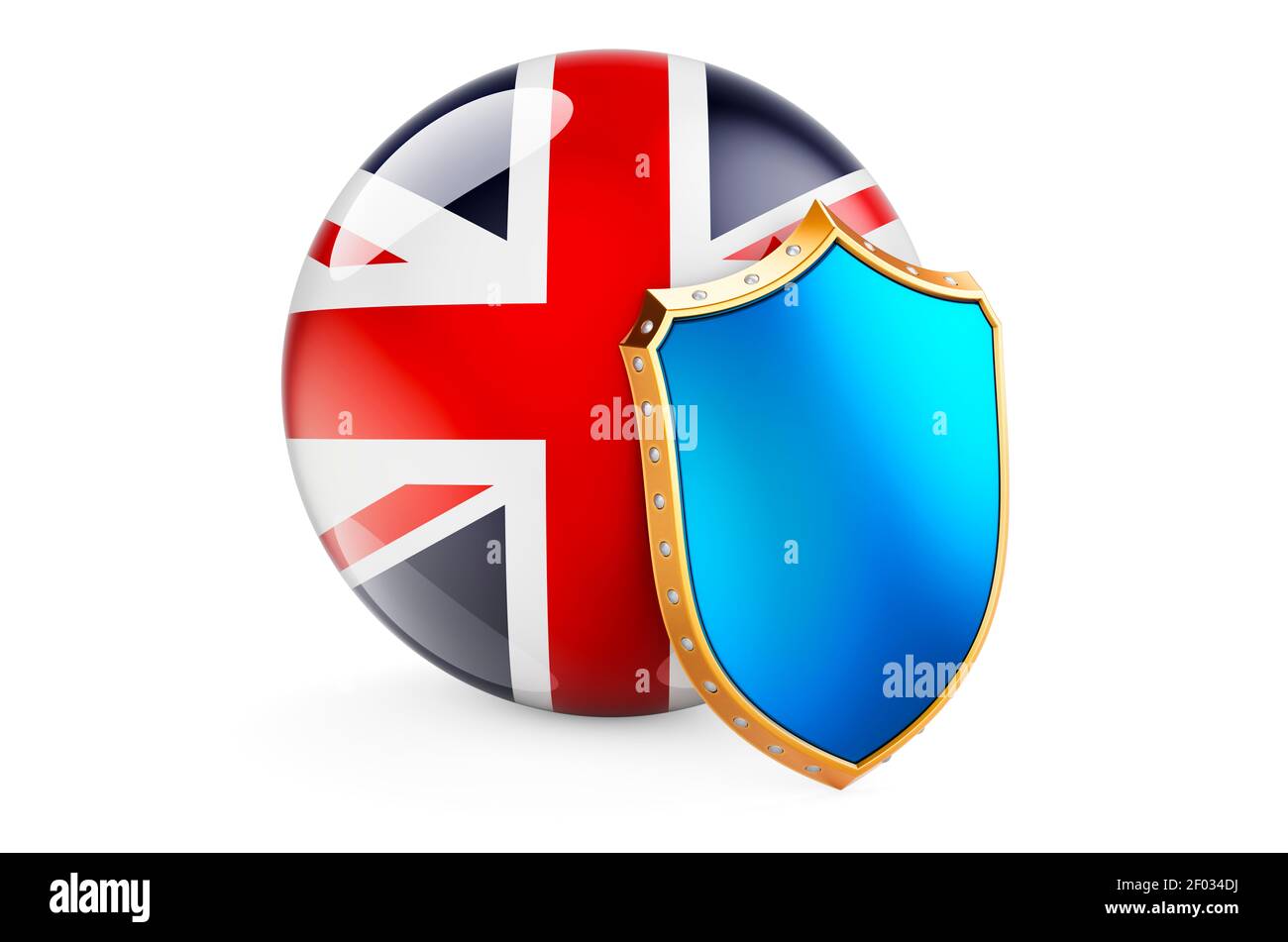 Drapeau britannique avec bouclier. Protection du concept du Royaume-Uni, rendu 3D isolé sur fond blanc Banque D'Images