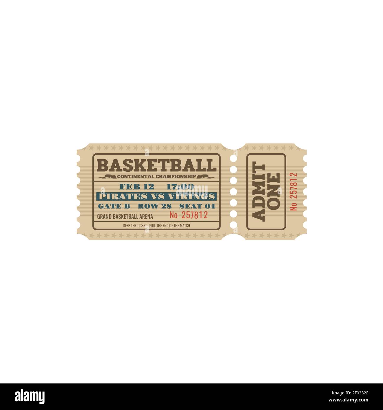 Modèle de billet complet de championnat continental de basket-ball. Vector en admet un sur le grand terrain de basket-ball, mention sur la loterie avec le prix. Carte papier ou Illustration de Vecteur