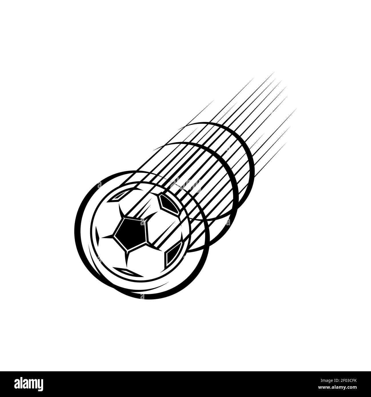 Icône monochrome isolée de ballon de football en mouvement rapide. Ballon de football Vector volant avec piste de coup de pied de but, mascotte de club de sport. Collège ou université Illustration de Vecteur