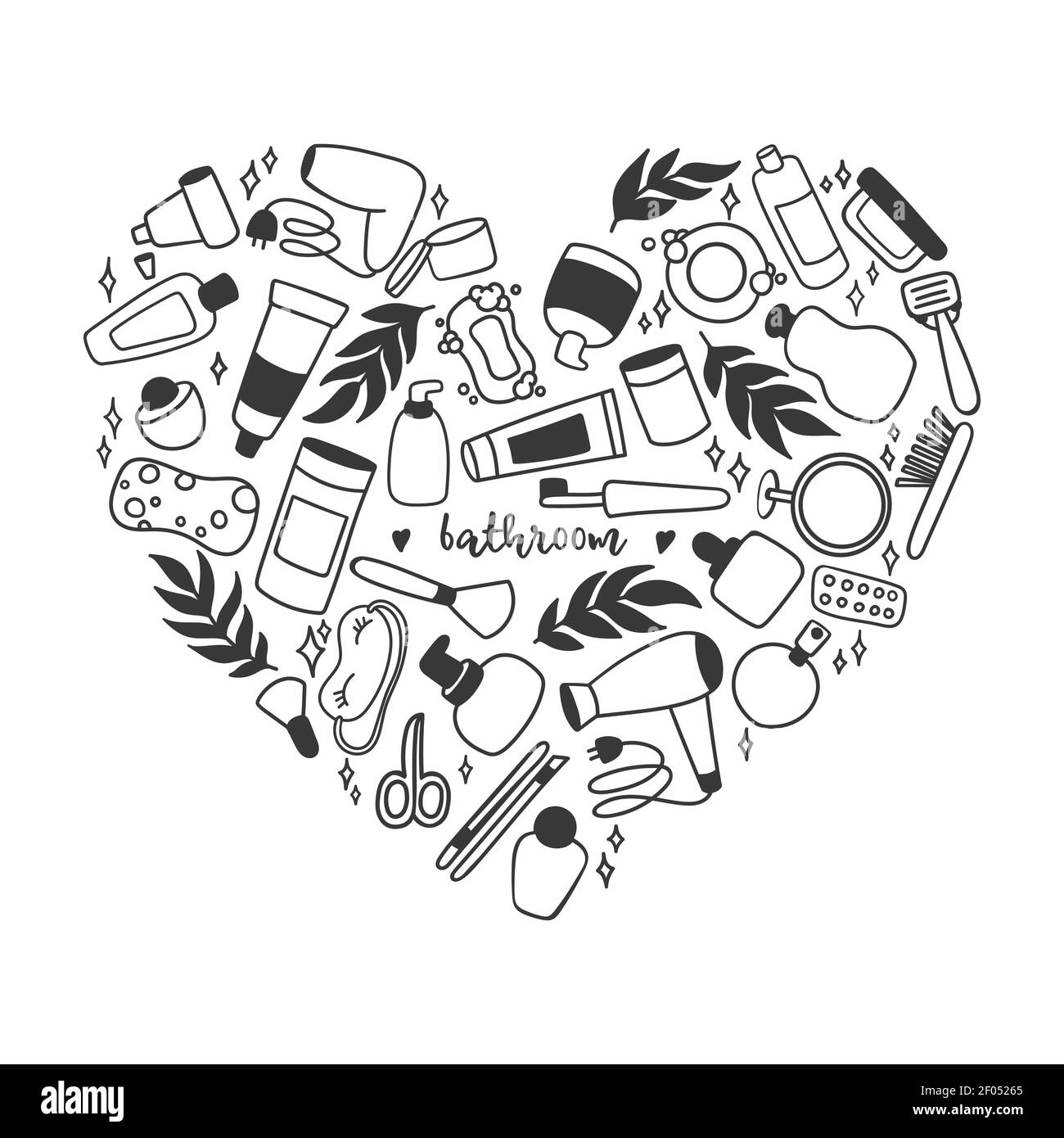 J'aime le bain. Accessoires de salle de bains et de douche croquis en forme de coeur. Santé et soins. Beauté. Collection d'articles linéaires spa dessinés à la main. Illustration de Vecteur