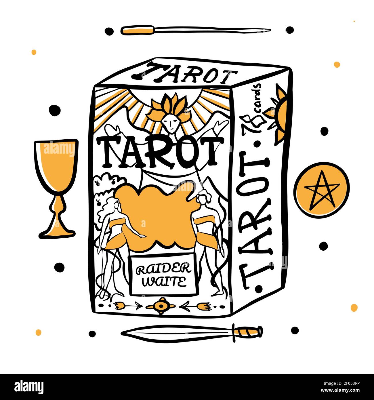 Illustration à la main des cartes de sorcières et de tarot. Symboles magiques. Style plat et dessin animé. Pour le motif imprimé, le tatouage, les autocollants. Tarot magique Wicca Illustration de Vecteur