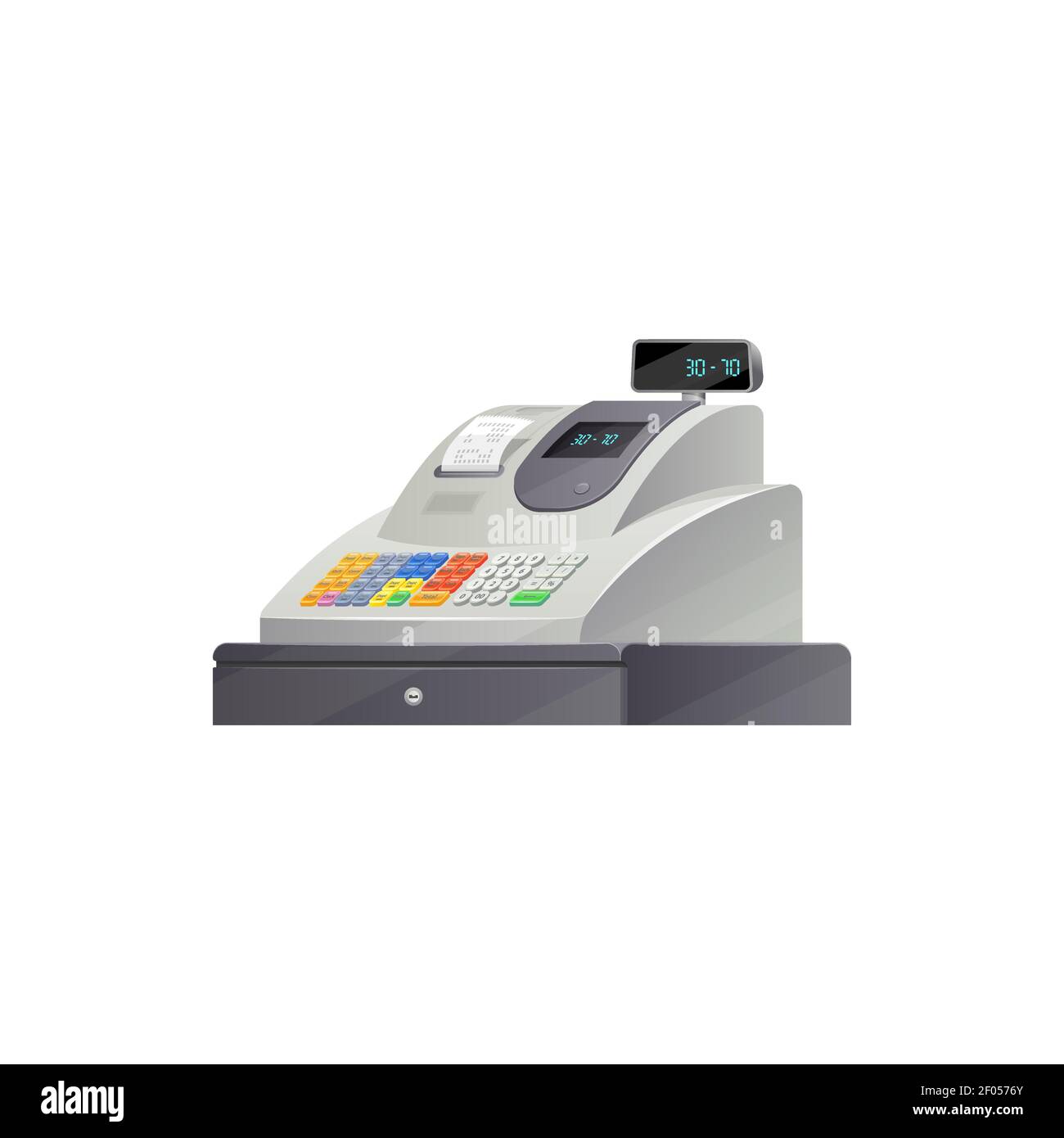 Caisse enregistreuse à bouton avec caisse électronique isolée à reçu de  facture. Boîte de contrôle de paiement mobile Vector, tiroir avec argent et  clavier. Appareil commercial Image Vectorielle Stock - Alamy