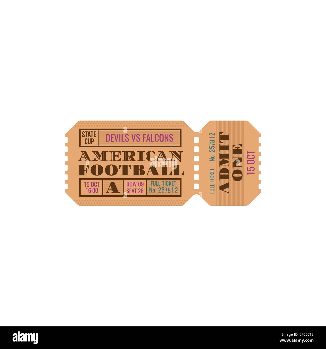 Icône vecteur isolée de billet de football américain. Devils vs Falcons grand Arena, match de l'équipe de football, modèle rétro vintage avec ligne perforée Illustration de Vecteur