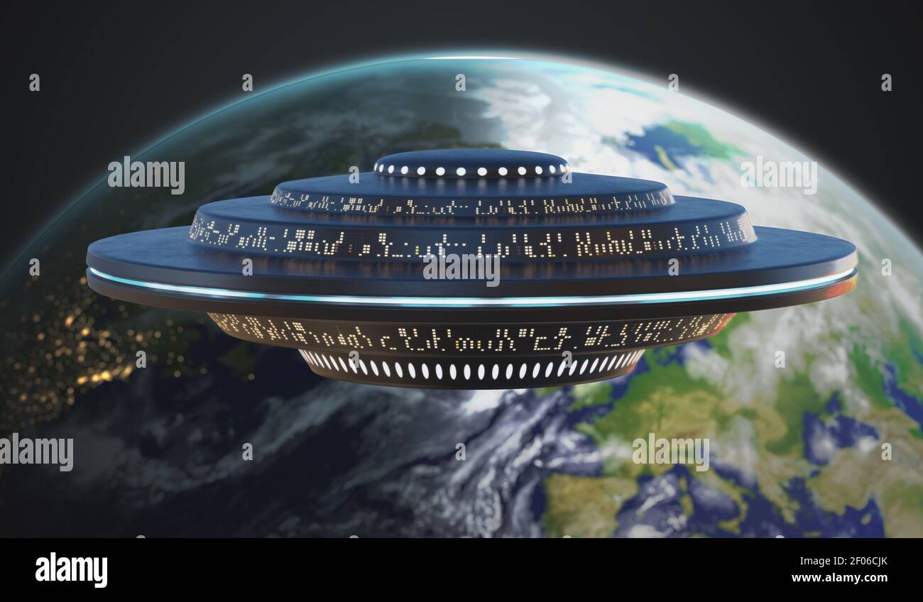 Des vaisseaux spatiaux extraterrestres volant vers la Terre. Concept d'invasion d'OVNI. Illustration de rendu 3D. Éléments de cette image fournies par la NASA. Banque D'Images