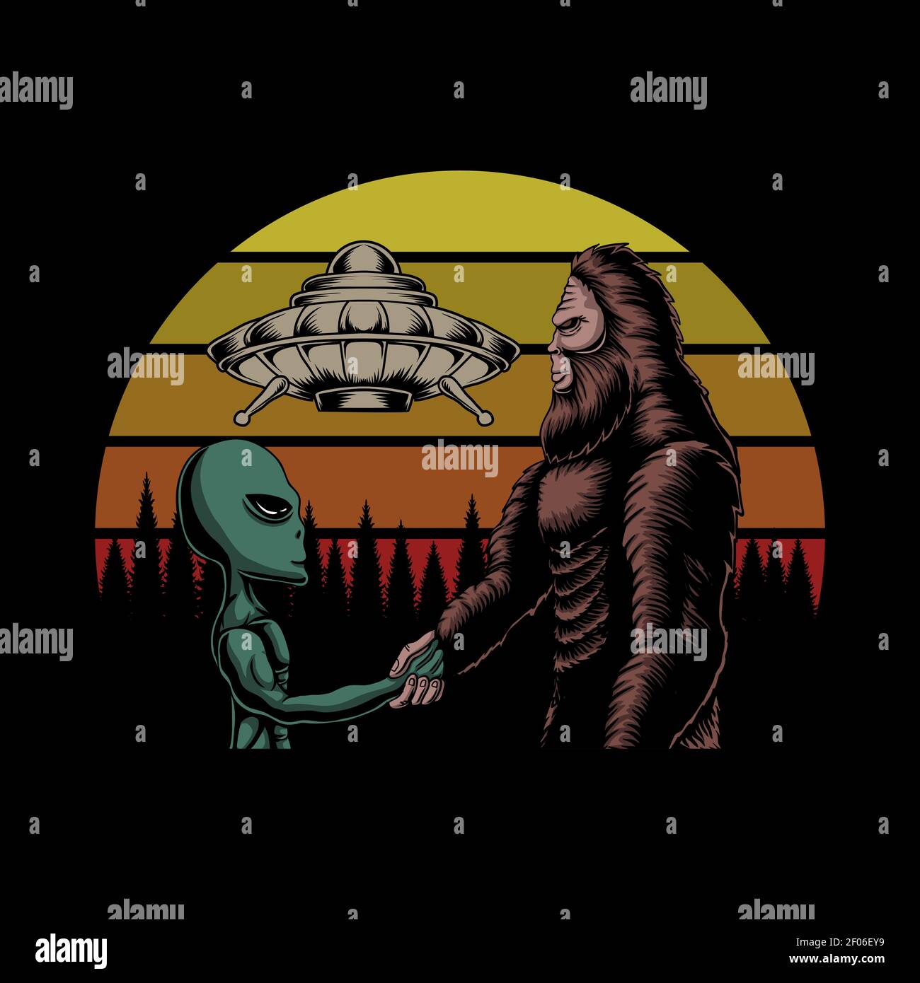 Bigfoot et extraterrestre complot coucher de soleil rétro illustration de vecteur pour votre société ou marque Illustration de Vecteur