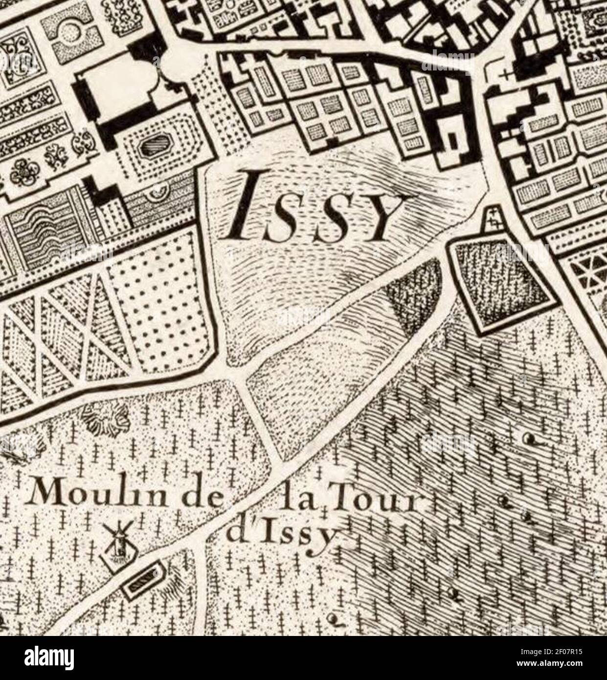 Plan de Roussel.1730.Issy-les-Moulineaux.Moulin de la Tour d'Issy.Église Saint-Étienne. Banque D'Images