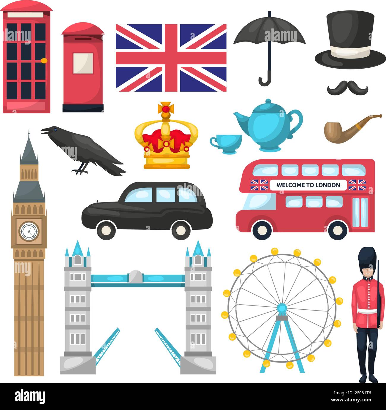 Icône de Londres avec différents bâtiments et moyens reconnaissables d'attraction de l'illustration du vecteur de transport Illustration de Vecteur