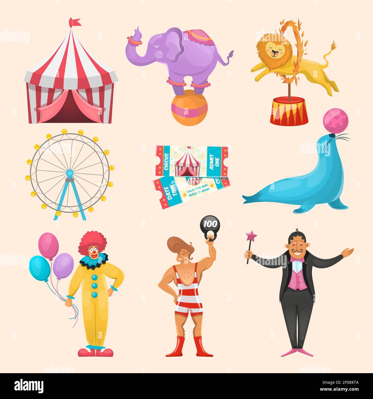 Ensemble coloré de différents personnages de cirque animaux amusement manèges événement illustration vectorielle de billets et de symboles marguee dépouillés Illustration de Vecteur