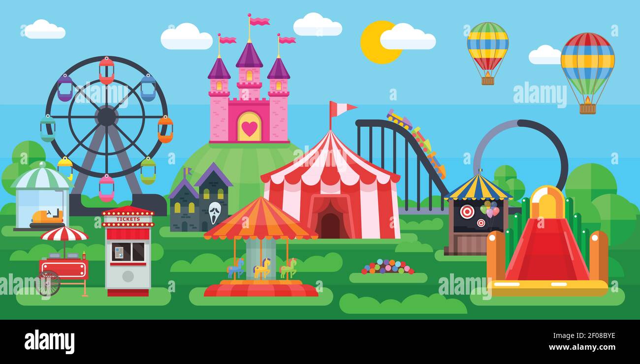 Panorama du parc d'attractions avec tente de cirque attractions extrêmes toboggans gonflables illustration vectorielle d'arrière-plan paysage naturel en été Illustration de Vecteur