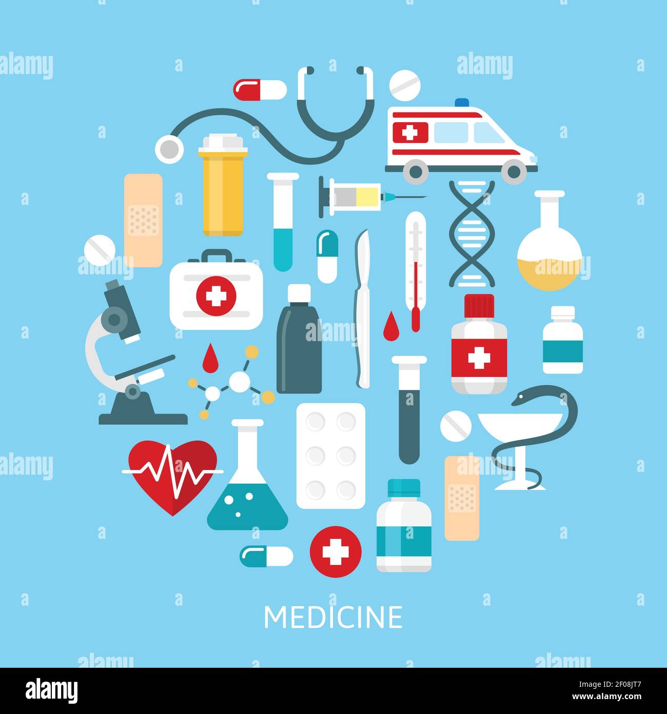 Affiche de médecine plate avec accessoires médicaux au milieu combiné vers l'illustration vectorielle de forme arrondie Illustration de Vecteur