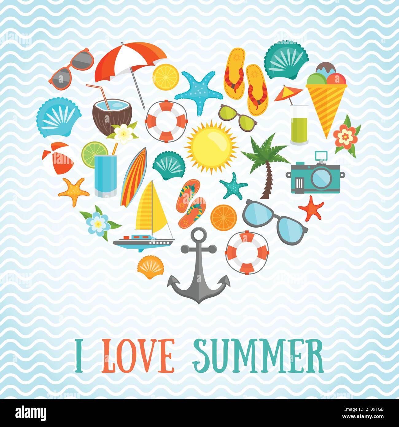 Affiche colorée d'été avec titre J'aime l'été et l'icône sur le thème marin, en forme de coeur illustration vectorielle Illustration de Vecteur