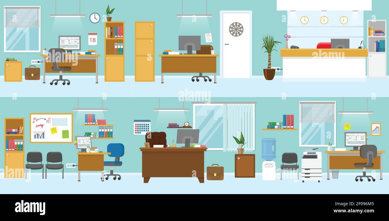 Modèle intérieur de bureau avec mobilier en bois, espace de réception pour boss plafonnier murs bleus illustration vectorielle isolée Illustration de Vecteur