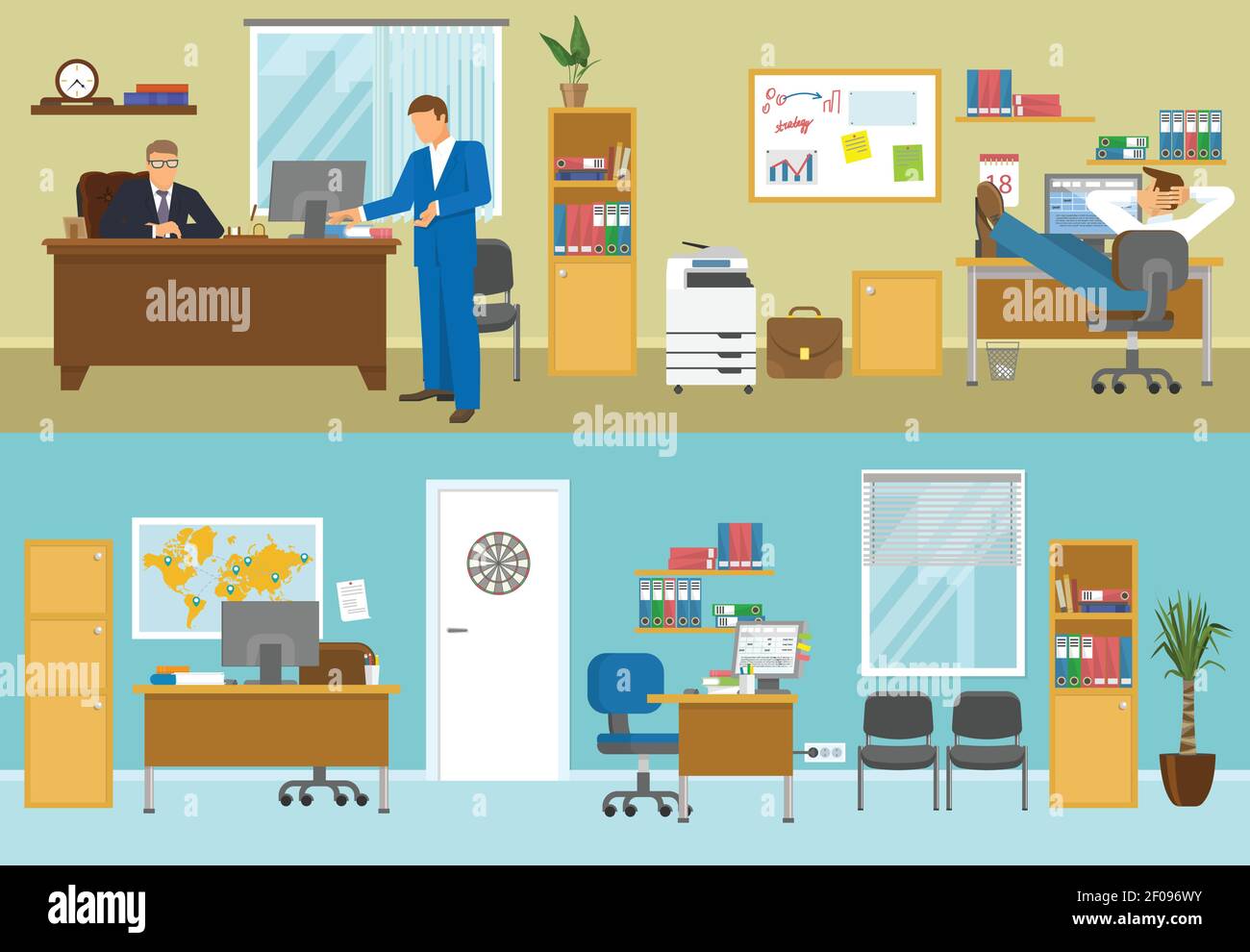 Compositions d'intérieur de bureau avec des gens d'affaires dans la chambre beige et vide lieux de travail avec parois bleues illustration vectorielle isolée Illustration de Vecteur