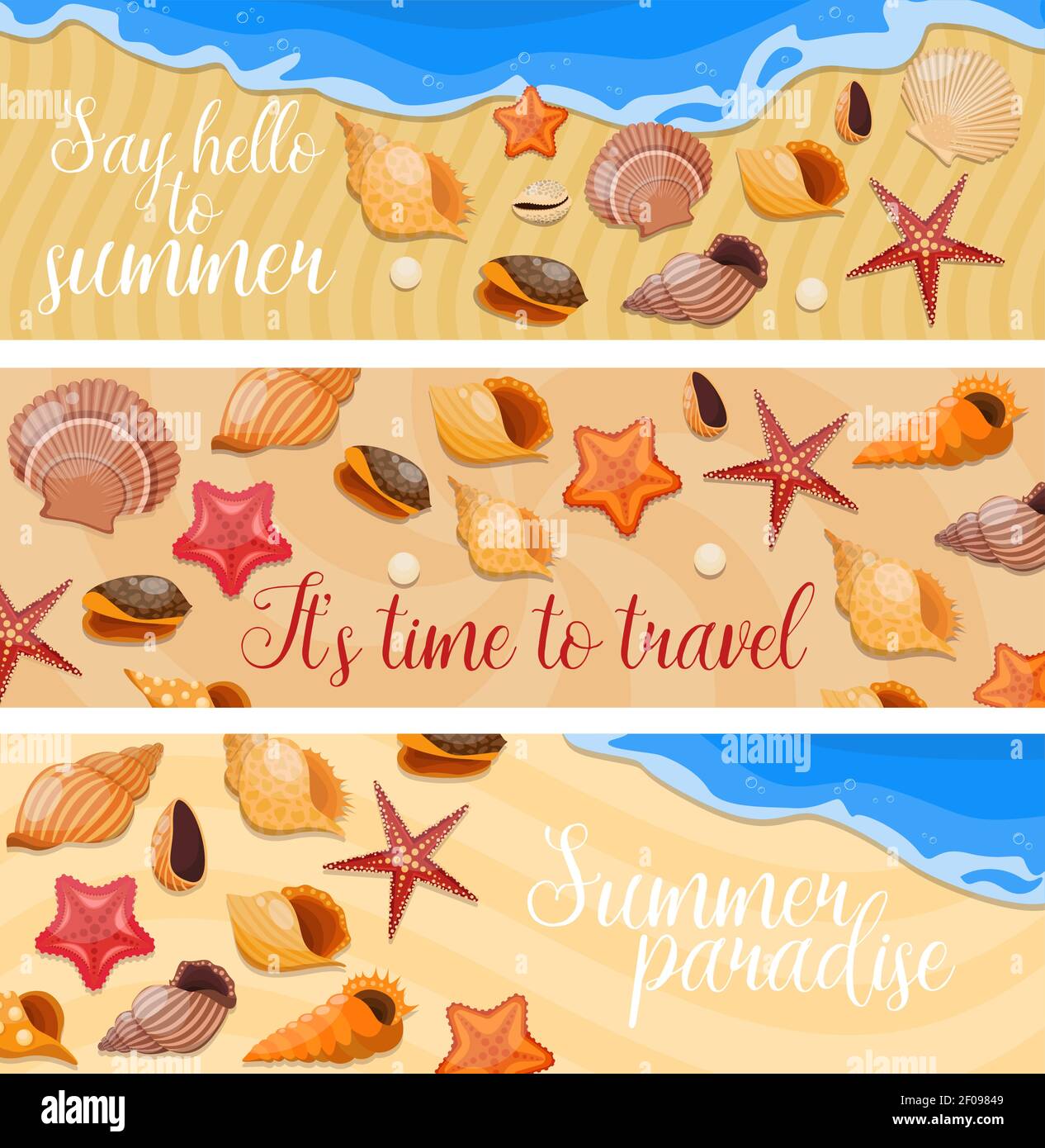 Trois coques isolées horizontales et bannière étoiles de mer avec dites bonjour à l'été et à l'illustration vectorielle des différentes descriptions Illustration de Vecteur